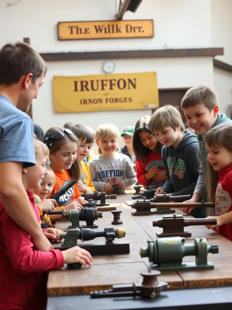 An image showcasing children participating in an educational program at the forges, learning about the history and science of ironworking.