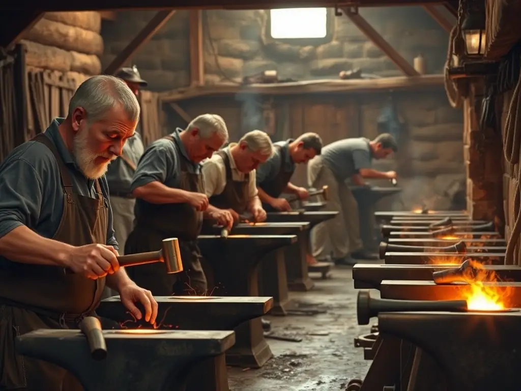 A photograph of a historical reenactment event at the forges, with actors dressed in period costumes demonstrating traditional ironworking techniques.