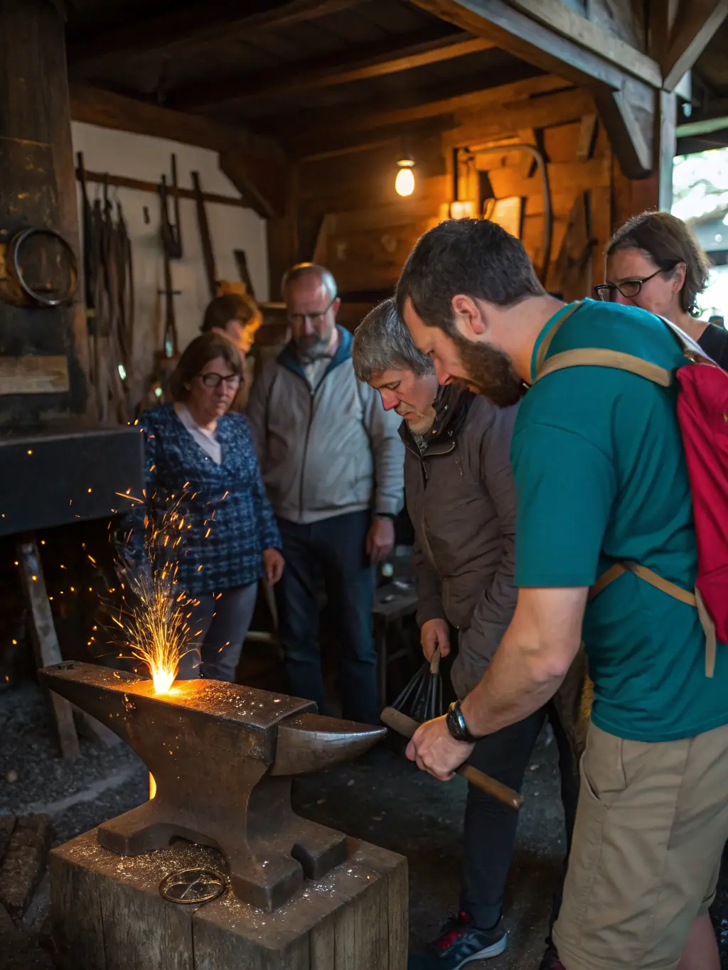 A detailed image of a guided tour group exploring the historic forges, with a knowledgeable guide explaining the significance of the site.