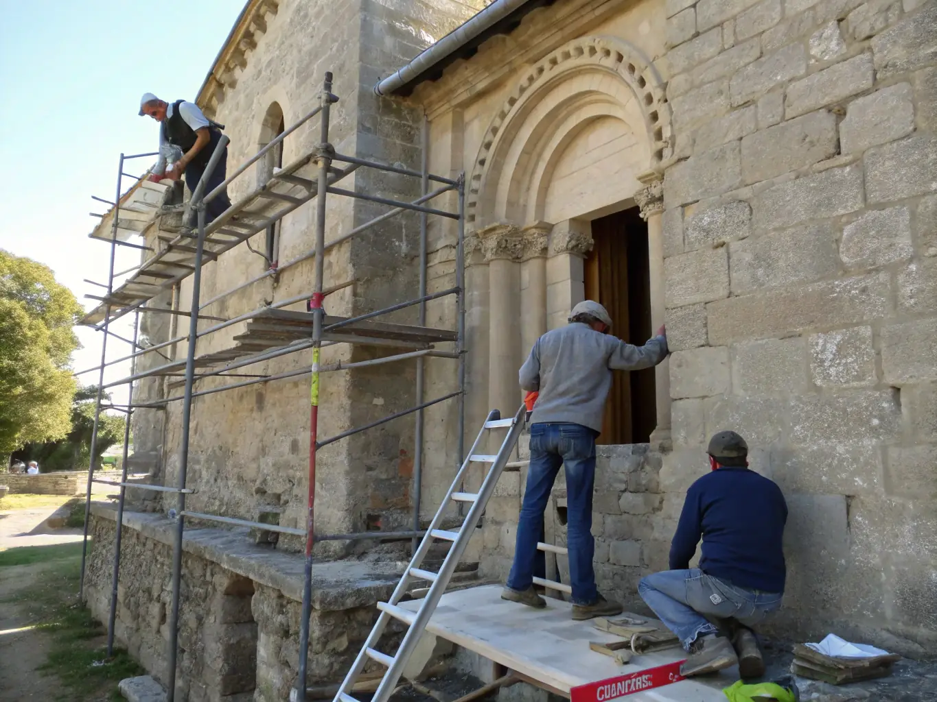 A photograph showcasing the meticulous restoration of a historic forge building, with artisans carefully repairing stonework and timber framing.