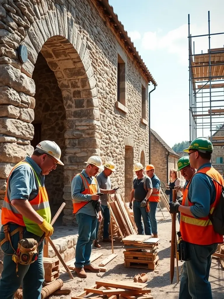 A photograph capturing a group of volunteers participating in a forge restoration workshop, demonstrating hands-on conservation techniques.
